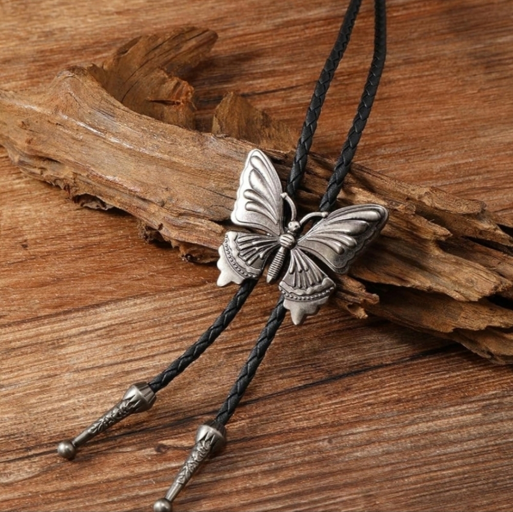 Silver Butterfly Bolo Tie Western Boho Fairy Necklace Accessory Gift